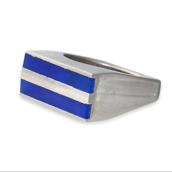 Vintage Blue Stripe Silver Ring Size 5.5 Modernist Chunky Rectangle Inlay Band - Picture 2 of 6